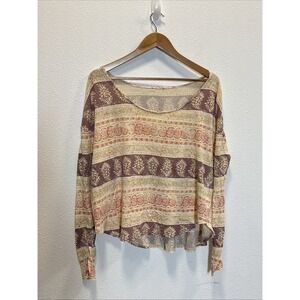 Vintage Free People Cream & Pink Paisley Floral Print Long Sleeve Top Size L